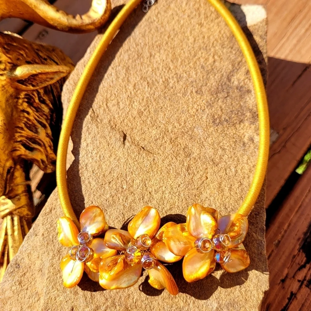 Vintage Handcrafted Golden Dahlia Flower Crystal Beaded Silk Statement N…